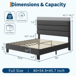 Bed Frame With Adjustable Headboard, Heavy Duty 1000lb Support, No Box Spring Needed, Dark Grey Upholstered Platform Base, Easy Assembly