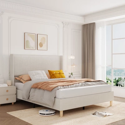 Bed Frame, Corduroy Upholstered Queen Bed Frame With Wingback Headboard, No Box Spring Needed, Solid Wooden Slats, Noise Free 6 Bed Frame, Corduroy Upholstered Queen Bed Frame With Wingback Headboard, No Box Spring Needed, Solid Wooden Slats, Noise Free - Image 6
