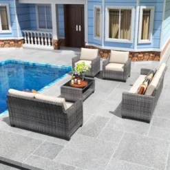 5-Piece Patio Wicker Conversation Sofa Set With Coffee Table,Rattan Sofa Chair With Cushion