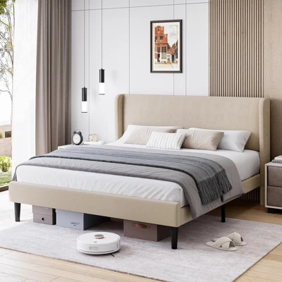 Full/Queen/King Upholstered Bed Frame With Wingback Headboard, Velvet Upholstery Platform Bed, Wooden Slat Support, Box Spring Optional 2 Full/Queen/King Upholstered Bed Frame With Wingback Headboard, Velvet Upholstery Platform Bed, Wooden Slat Support, Box Spring Optional - Image 2