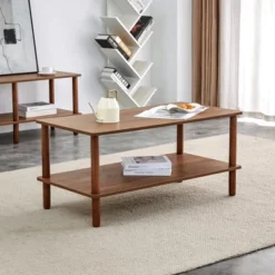 Modern 2-Tier Coffee Table For Living Room Furniture, Center Table With Open Storage Shelf, Rounded Rubberwood Legs, Wood/Walnut Color 39.3*19.6*18in -Garvee Sales GUEST b46e3f80 542a 4469 8181 9e3f6f05e356