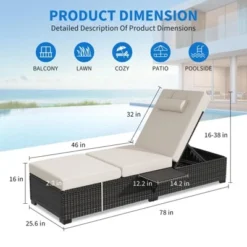 Garvee Outdoor PE Wicker Chaise Lounge Chairs Set Of 2 Patio Brown Rattan Reclining Chair Adjustable Backrest Pool Sunbathing Recliners