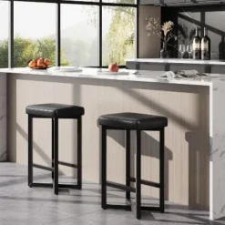 Bar Stools Set Of 4, 24.6" Upholstered Counter Height Bar Stools With Metal Frame & Footrest, Modern Backless Kitchen Barstools With PU Leather