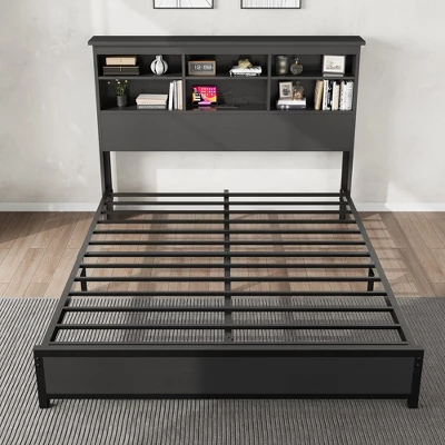 Queen Size Bed Frame With Bookcase Headboard, Queen Platform Bed With 2-tier Storage & Charging Station, No Box Spring Needed Easy Assemble,Black 5 Queen Size Bed Frame With Bookcase Headboard, Queen Platform Bed With 2-tier Storage & Charging Station, No Box Spring Needed Easy Assemble,Black - Image 5