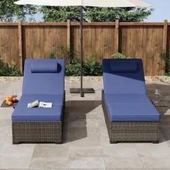 Outdoor Patio Chaise Lounge Chairs Set Of 2, PE Rattan Wicker Pool Garden Lounger With Adjustable Backrest, Cushion, Cup Holder, Brown-Blue -Garvee Sales GUEST b5db5635 fbb3 46ed 8f23 37af424cf40d