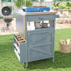 40.5" Outdoor Grill Cart With Stainless Steel Top, Rolling Buffet Serving Cart With Drop Leaf, Patio Kitchen Island Cart For Garden Poolside