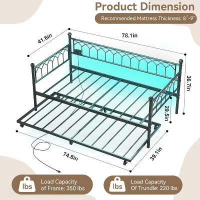Twin Size Daybed With Pop-Up Trundle & LED Lights, Pull Out Bed With Charging Station And Pull Out Turundle, Metal Sofa Bed Frame For Living Room 1 Twin Size Daybed With Pop-Up Trundle & LED Lights, Pull Out Bed With Charging Station And Pull Out Turundle, Metal Sofa Bed Frame For Living Room