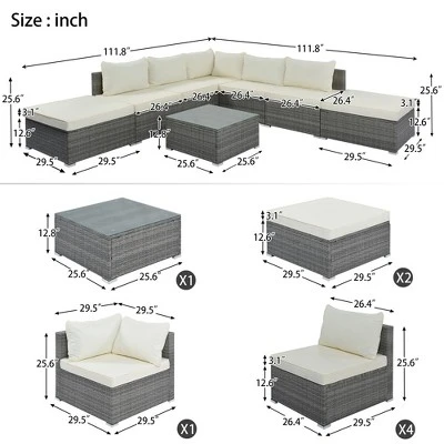 8-Pieces Patio Furniture Set, Sectional Couch With 2 Ottomans, Coffee Table, Corner Sofa, 4 Single Sofa, Anti Slip Feet, For Garden, Beige 7 8-Pieces Patio Furniture Set, Sectional Couch With 2 Ottomans, Coffee Table, Corner Sofa, 4 Single Sofa, Anti Slip Feet, For Garden, Beige - Image 7