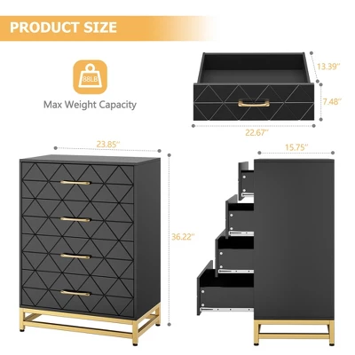 Dresser For Bedroom With 4 Drawer, Modern Dressers Chest Of Drawers, With Wide Drawers And Metal Handles, Wood Dressers, Black 2 Dresser For Bedroom With 4 Drawer, Modern Dressers Chest Of Drawers, With Wide Drawers And Metal Handles, Wood Dressers, Black - Image 2