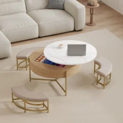 Lift Top Coffee Table With 3 Ottoman, Modern Round Center Table With Hidden Storage, Wood Cocktail Table For Living Room Bedroom Office