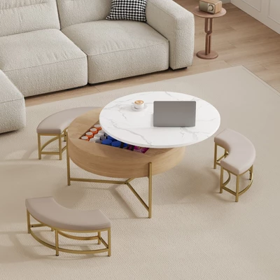 Lift Top Coffee Table With 3 Ottoman, Modern Round Center Table With Hidden Storage, Wood Cocktail Table For Living Room Bedroom Office 1 Lift Top Coffee Table With 3 Ottoman, Modern Round Center Table With Hidden Storage, Wood Cocktail Table For Living Room Bedroom Office
