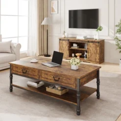 41" Rustic Coffee Table With 2 Storage Drawers, Rectangular Coffee Tables W/ Storage Shelf And Metal Legs, Wood Large Coffee Table For Living Room -Garvee Sales GUEST b7069214 e6e0 4bd4 9ed6 d70693ab766b