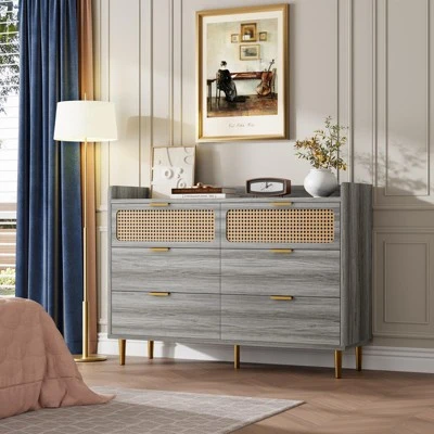 6 Drawer Double Dresser For Bedroom, Modern Chest Of Drawers With Rattan Accents, Wooden Storage Organizer For Living Room, Hallway, Entryway 6 6 Drawer Double Dresser For Bedroom, Modern Chest Of Drawers With Rattan Accents, Wooden Storage Organizer For Living Room, Hallway, Entryway - Image 6