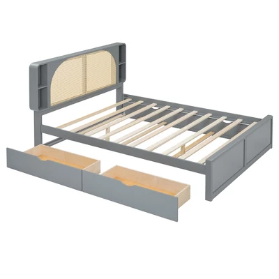 Queen Size Bed Frame With Trundle, Wood Platform Bed With Rattan Headboard & 2 Drawers, Wooden Slats Support, No Box Spring Required 4 Queen Size Bed Frame With Trundle, Wood Platform Bed With Rattan Headboard & 2 Drawers, Wooden Slats Support, No Box Spring Required - Image 4