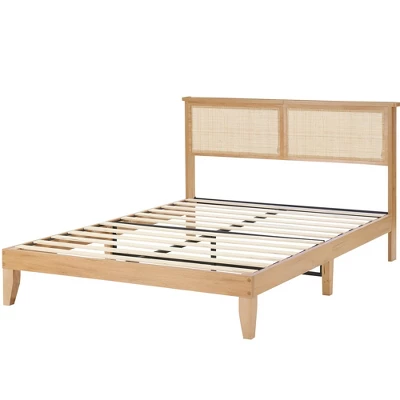 Rattan Bed Frame With Natural Rattan Headboard, Bed Frame With LED Lights, Rattan Bed Frame With Headboard, Solid Wood Foundation With Silent Slats 8 Rattan Bed Frame With Natural Rattan Headboard, Bed Frame With LED Lights, Rattan Bed Frame With Headboard, Solid Wood Foundation With Silent Slats - Image 8