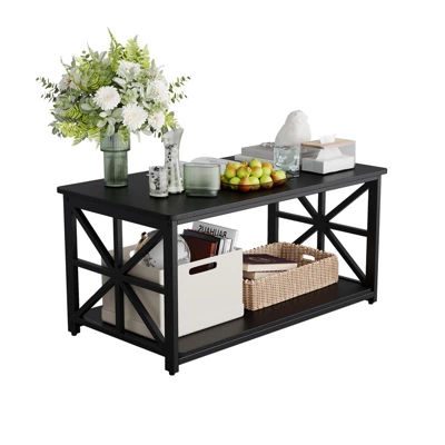 2-Tier Coffee Table For Small Spaces, X-Frame Living Room Low Coffee Table With Storage Shelf 2 2-Tier Coffee Table For Small Spaces, X-Frame Living Room Low Coffee Table With Storage Shelf - Image 2