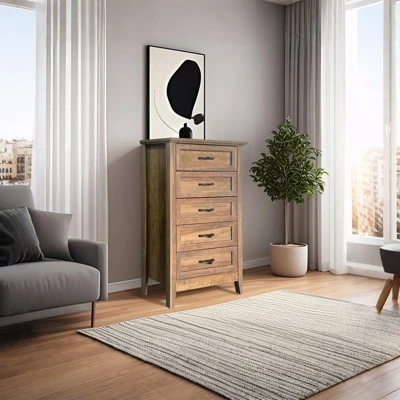 5 Drawer Vintage Wood Dresser, Tall Chest For Closet And Bedroom, Storage Organizer For Living Room, Nursery, Hallway, Kids Room 4 5 Drawer Vintage Wood Dresser, Tall Chest For Closet And Bedroom, Storage Organizer For Living Room, Nursery, Hallway, Kids Room - Image 4