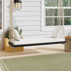 Outdoor Swing Chair With 2 Person Seating, Acacia Wood Hanging Chair Porch Swing Bench W/ Cushion, 2 Pillows & Hemp Ropes For Garden Backyard, White 16 Outdoor Swing Chair With 2 Person Seating, Acacia Wood Hanging Chair Porch Swing Bench W/ Cushion, 2 Pillows & Hemp Ropes For Garden Backyard, White -Garvee Sales GUEST b7f3a3c9 501b 4f4b b1c0 47e10c718704