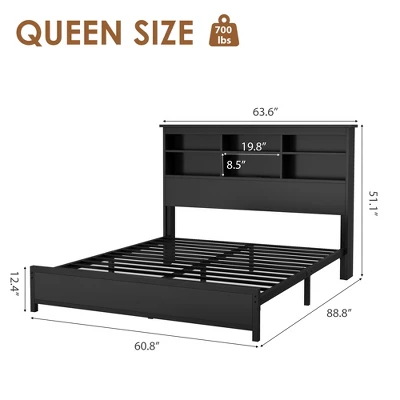Queen Size Bed Frame With Bookcase Headboard, Queen Platform Bed With 2-tier Storage & Charging Station, No Box Spring Needed Easy Assemble,Black 1 Queen Size Bed Frame With Bookcase Headboard, Queen Platform Bed With 2-tier Storage & Charging Station, No Box Spring Needed Easy Assemble,Black