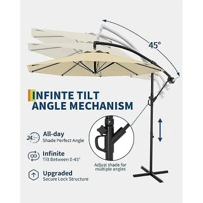10FT Hanging Cantilever Umbrella, Offset Patio Umbrella Outdoor Sun Shade With Easy Tilt Adjustment, 8 Ribs, UV Protection For Backyard, Lawn 2 10FT Hanging Cantilever Umbrella, Offset Patio Umbrella Outdoor Sun Shade With Easy Tilt Adjustment, 8 Ribs, UV Protection For Backyard, Lawn - Image 2