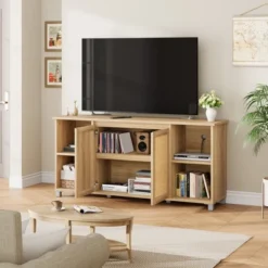 TV Stand For 65 Inch, Entertainment Center With Storage Shelves & Glass Doors – Wooden Media Console Cabinet For Living Room, Bedroom