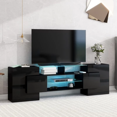 80" Modern TV Stand, Entertainment Center With 2 Illuminated Glass Shelves TV Cabinet For Living Room 3 80" Modern TV Stand, Entertainment Center With 2 Illuminated Glass Shelves TV Cabinet For Living Room - Image 3