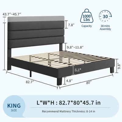 King Bed Frame Platform Bed With Adjustable Headboard, Linen Fabric Upholstered And Wooden Slats Support, Easy Assembly, Dark Grey 1 King Bed Frame Platform Bed With Adjustable Headboard, Linen Fabric Upholstered And Wooden Slats Support, Easy Assembly, Dark Grey