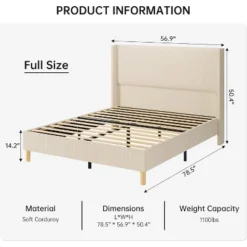 Bed Frame, Upholstered Platform Corduroy Bed Frame With Vertical Channel Tufted Wingback Headboard, Strong Wooden Slats, No Box Spring Needed