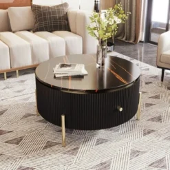 31.5" Modern Round Coffee Table, Accent Table With Marble Pattern Tabletop, Center Sofa Table For Living Room Apartment Office Balcony