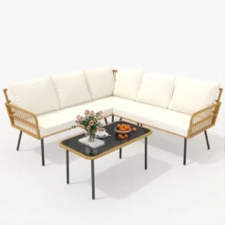 4-Piece Outdoor Wicker L-Shaped Patio Sofa Set With Cushions & Glass Coffee Table, Boho Sectional Set For Backyard, Garden, Or Poolside ¨C Beige -Garvee Sales GUEST b9ead139 ee5c 425f 8f7d a3e2c22a4851