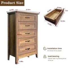 Garvee 5 Drawer Dresser, Farmhouse Tall Dresser For Closet, Rustic Chest Of Drawer With Wide Metal Handles, Wood Dressers Organizer For Bedroom