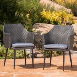 Set Of 2 Outdoor Patio Dining Chairs, All-Weather PE Rattan Chairs, Iron Frame Wicker Dining Chairs With Waterproof Fabric Cushion, Armrests -Garvee Sales GUEST ba45d441 70fd 4a4f 9fc6 d7853771ee24