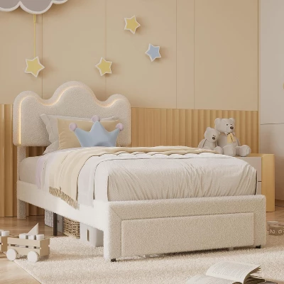 Twin/Full/Queen Size Princess Bed Frame With LED Headboard & Storage Drawers, Adjustable Boucle Platform Bed For Girls, No Box Spring Needed 6 Twin/Full/Queen Size Princess Bed Frame With LED Headboard & Storage Drawers, Adjustable Boucle Platform Bed For Girls, No Box Spring Needed - Image 6