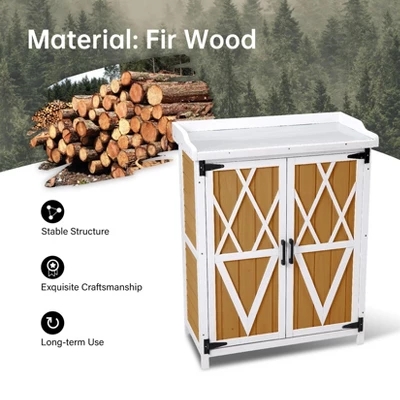 Potting Bench Outdoor Cabinet With Metal Tabletop, Workbenches With Adjustable Shelf, Wooden Storage Cabinets Waterproof For Garden Patio Lawn 3 Potting Bench Outdoor Cabinet With Metal Tabletop, Workbenches With Adjustable Shelf, Wooden Storage Cabinets Waterproof For Garden Patio Lawn - Image 3