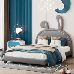 Full Size Bed Frame, Full Size Upholstered Leather Platform Bed With Ears Headboard Bed Frame With Rabbit Ornament -Garvee Sales GUEST bafa0d06 acc5 48fd 984e 1a10cc9208cc