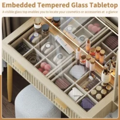 Makeup Vanity Desk With Lights, Fluted Wooden Dressing Table With 5 Drawers And Adjustable Shelves, Makeup Vanity Table Modern Glass Top For Bedroom