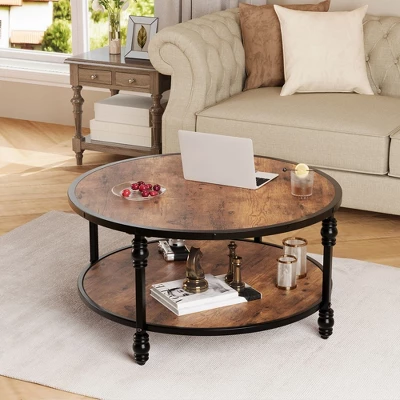 Garvee Coffee Table Round Rustic Center Table With Storage Shelf Wood Circle Coffee Table With Sturdy Metal Legs Living Room 2 Garvee Coffee Table Round Rustic Center Table With Storage Shelf Wood Circle Coffee Table With Sturdy Metal Legs Living Room - Image 2