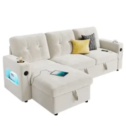 Garvee Sleeper Sofa Couch，Convertible Pull Out Sofa Bed With Storage, Charging, Led Lights, L-Shaped Sectional Sofa For Living Room