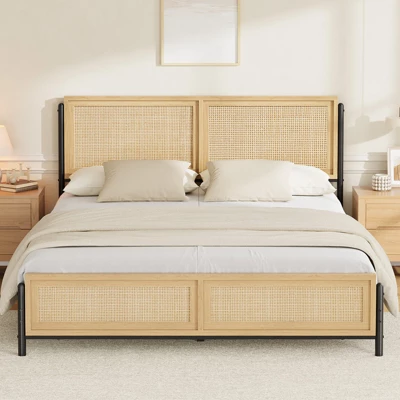 Garvee Bed Frame With Natural Rattan Headboard And Footboard, Wooden Platform No Box Spring Needed, Noise-Free Metal Bedframe 2 Garvee Bed Frame With Natural Rattan Headboard And Footboard, Wooden Platform No Box Spring Needed, Noise-Free Metal Bedframe - Image 2