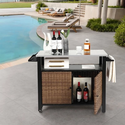 Outdoor Wicker Bar Cart, Kitchen Island Grill Table With Wheel,Rolling Buffet Serving Cart With Stainless Steel Top For Porch Garden Poolside 7 Outdoor Wicker Bar Cart, Kitchen Island Grill Table With Wheel,Rolling Buffet Serving Cart With Stainless Steel Top For Porch Garden Poolside - Image 7