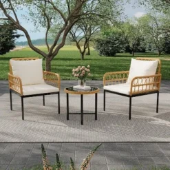 3-Piece Patio Furniture Set, Outdoor Wicker Rattan Chairs With Glass Table