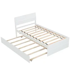 Modern Twin Bed Frame With Twin Trundle, Solid Wood Platform Bed With Headboard, No Box Spring Needed, Wooden Slats Supports, White -Garvee Sales GUEST bd8dacc2 ee1b 4a37 8644 cff0121f2524