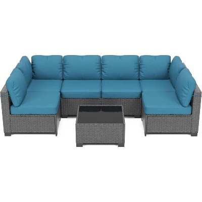 7 PCS Outdoor Patio Furniture Set, Wicker Sectional Sofa Set Rattan Modular Conversation Couch Set With Cushions For Outside, Garden, Balcony, Porch 8 7 PCS Outdoor Patio Furniture Set, Wicker Sectional Sofa Set Rattan Modular Conversation Couch Set With Cushions For Outside, Garden, Balcony, Porch - Image 8