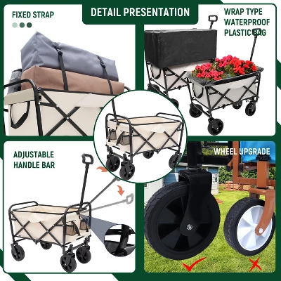 Collapsible Foldable Wagon Cart Beach Wagon Heavy Duty Utility Cart With 3pcs Plastic Liner Bag /Cover For Camping 2 Collapsible Foldable Wagon Cart Beach Wagon Heavy Duty Utility Cart With 3pcs Plastic Liner Bag /Cover For Camping - Image 2