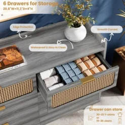 6 Drawer Double Dresser For Bedroom, Modern Chest Of Drawers With Rattan Accents, Wooden Storage Organizer For Living Room, Hallway, Entryway 9 6 Drawer Double Dresser For Bedroom, Modern Chest Of Drawers With Rattan Accents, Wooden Storage Organizer For Living Room, Hallway, Entryway -Garvee Sales GUEST bdfc7162 9b9b 42fa a5c7 b8e55d6a6301