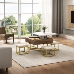 Lift Top Coffee Table With Hidden Storage, Modern Square Center Table With 4 Ottomans, Wood Cocktail Table Center Table For Living Room White -Garvee Sales GUEST be3ede65 cd34 48d5 bd53 65d20bbfe1f8
