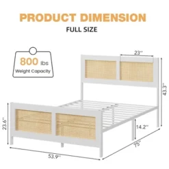 Full Size Rattan Bed Frame With Headboard & Footboard, Noise-Free Metal Platform, No Box Spring Needed, Easy Assembly, White