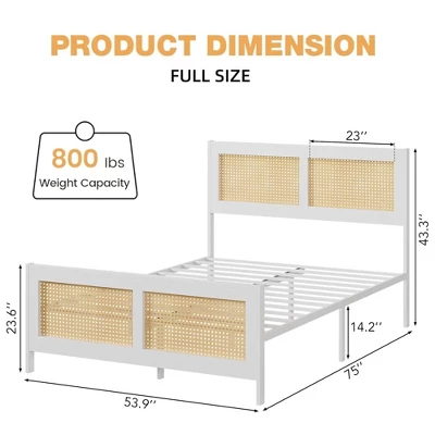 Full Size Rattan Bed Frame With Headboard & Footboard, Noise-Free Metal Platform, No Box Spring Needed, Easy Assembly, White 1 Full Size Rattan Bed Frame With Headboard & Footboard, Noise-Free Metal Platform, No Box Spring Needed, Easy Assembly, White