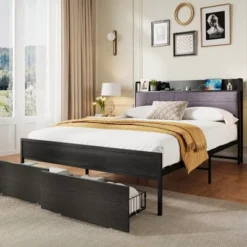 Full Bed Frame With Headboard And Storage, Heavy Duty Bed Frames With 2 Storage Drawers, Black Bedframe With Charging Station, No Box Spring Needed -Garvee Sales GUEST be971743 40c4 421c 9a5a 2e4eba56105b