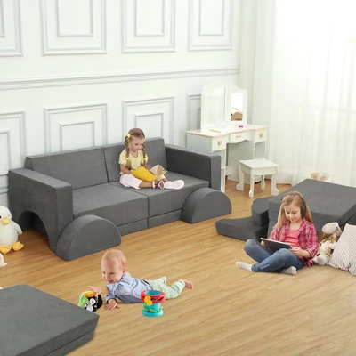 8Pcs Modular Kids Couch Sofa Set For Playroom Bedroom, Grey Comfort Toddler Convertible Sofa Foam Playset 5 8Pcs Modular Kids Couch Sofa Set For Playroom Bedroom, Grey Comfort Toddler Convertible Sofa Foam Playset - Image 5